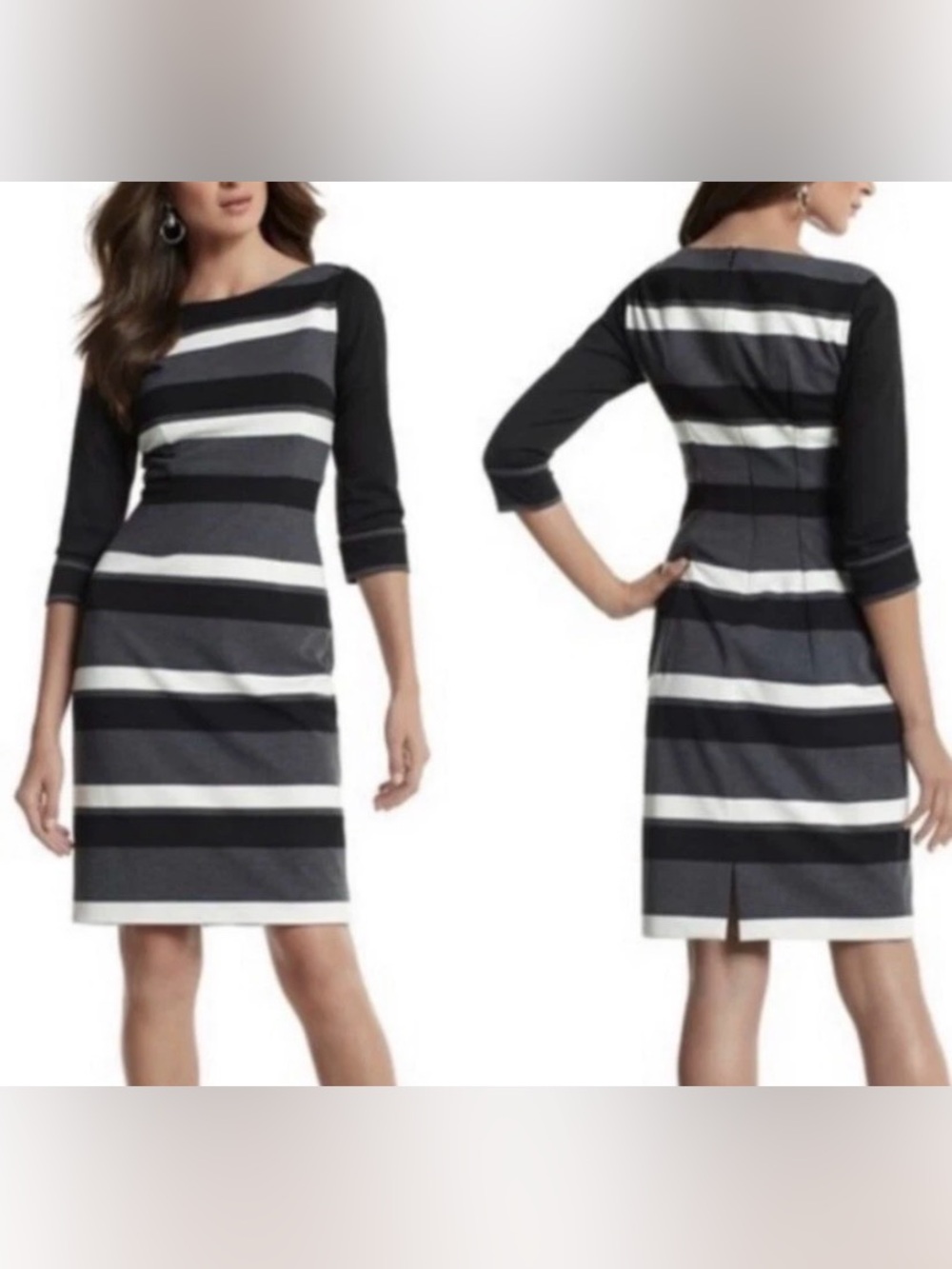 White House Black Market Striped Sheath Dress NWOT Size 10 Grey Black Stretch